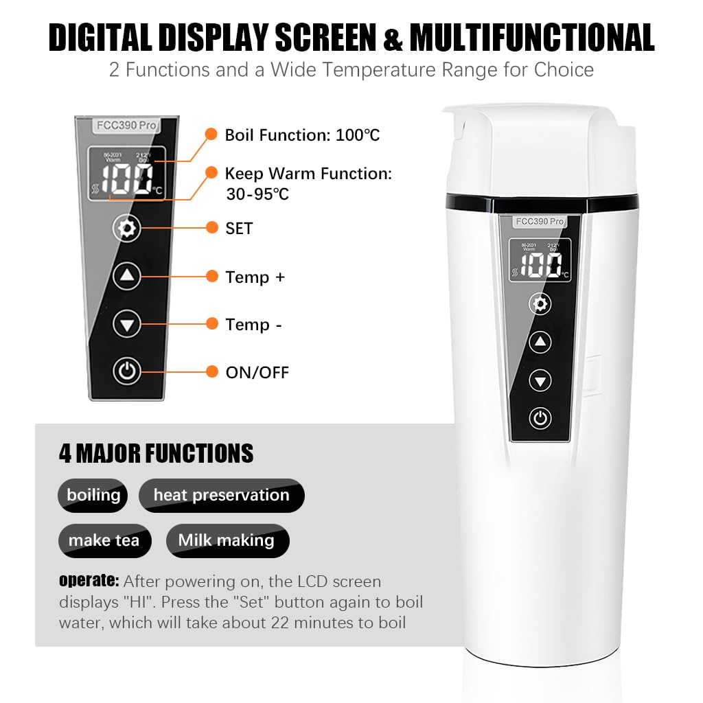 Supvox Electric Water Bottle Car Home Use 12/24V 400ml Stainless Steel Electric Water Heater Adjustable Temperature Digital LCD Display Travel Water Heater with Drawstring Bag Supvox Electric Water Bottle Car Home Use 12/24V 400ml Stainless Steel Electric Water Heater Adjustable Temperature Digital LCD Display Travel Water Heater with Drawstring Bag